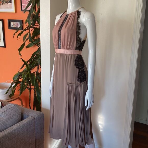 Three Floor Mauve, Pink, & Black Lace Halter Midi Dress with Skirt Pleating - Picture 5 of 11